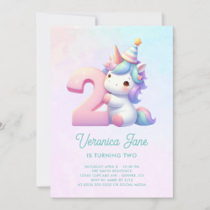Invitation Turquoise et rose mignon Unicorn 2e anniversaire