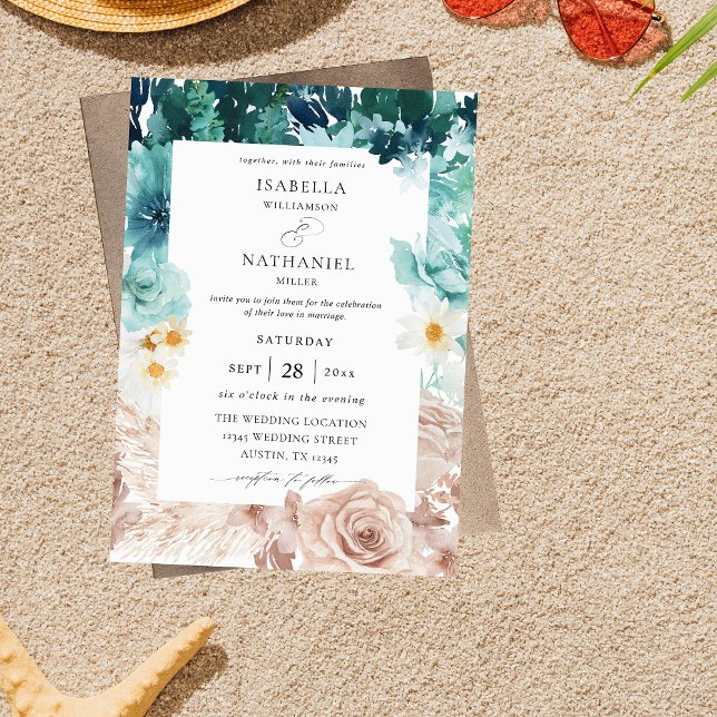 Invitation Turquoise et rose pâle Mariage floral 2 (Créateur téléchargé)