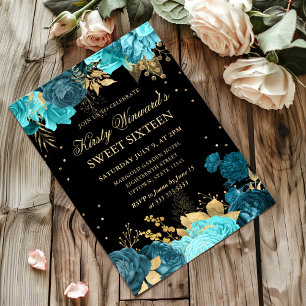 Invitation Turquoise et Roses Dorées Fleurs Douze Ans