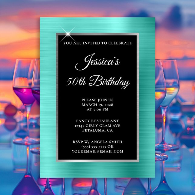 Invitation Turquoise et Silver Foil Noir 50e anniversaire (Turquoise Foil Silver and Black Birthday Invitation)