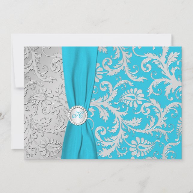 Invitation Turquoise et Silver Mariage damassé (Devant)