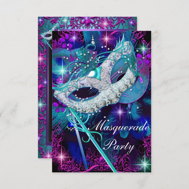 Invitation turquoise et violette Masquerade Ball P (Devant / Derrière)