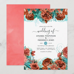 Invitation Turquoise et Vivant Coral Rustique Floral Mariage
