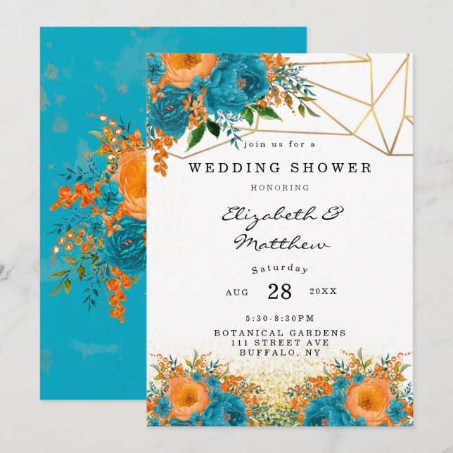 Invitation Turquoise et Wedding shower floral peint orange (Devant / Derrière)