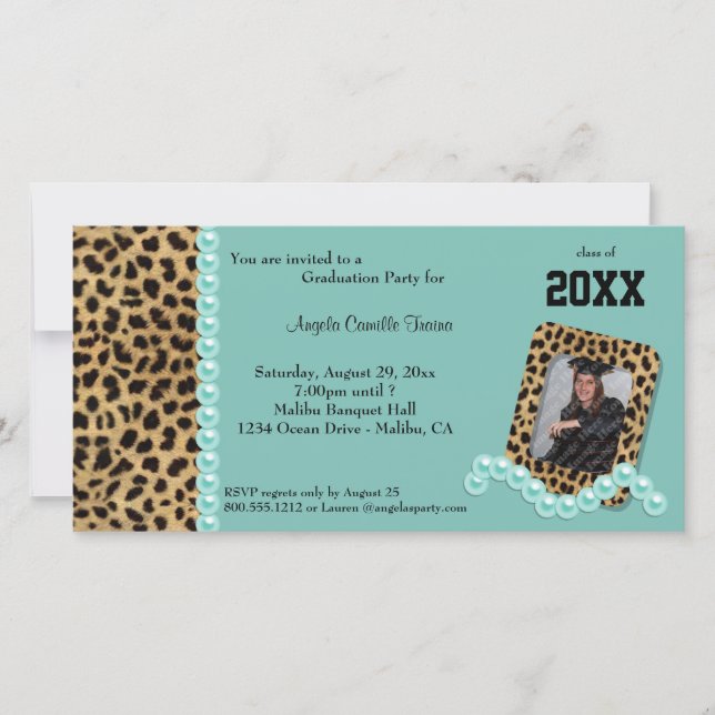 Invitation turquoise Faux Leopard Et Perles Corres (Devant)