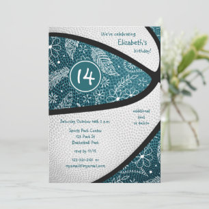 Invitation turquoise fête de basketball en cachemire floral