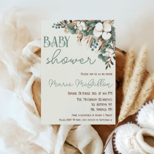 Invitation Turquoise Floral, Coton, Baby Shower Herbe de la P