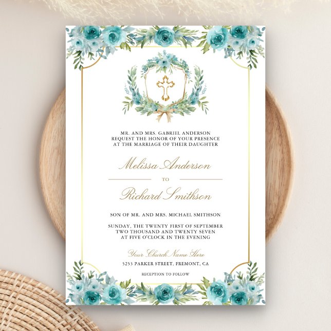 Invitation Turquoise Floral or catholique Croix QR Code Maria (Créateur téléchargé)