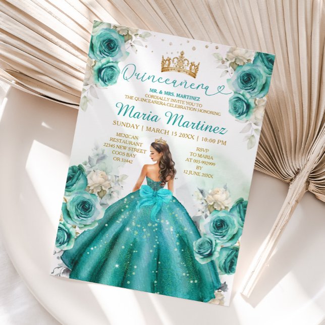 Invitation Turquoise Floral Princess Gold Crown Quiñceanera (Créateur téléchargé)
