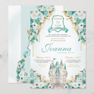Invitation Turquoise Floral Royal Castle Princesse Quinceaner