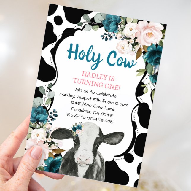 Invitation Turquoise Floral Saint Vache Je suis un premier an (Créateur téléchargé)