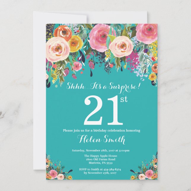 Invitation Turquoise Floral Surprise 21e anniversa (Devant)