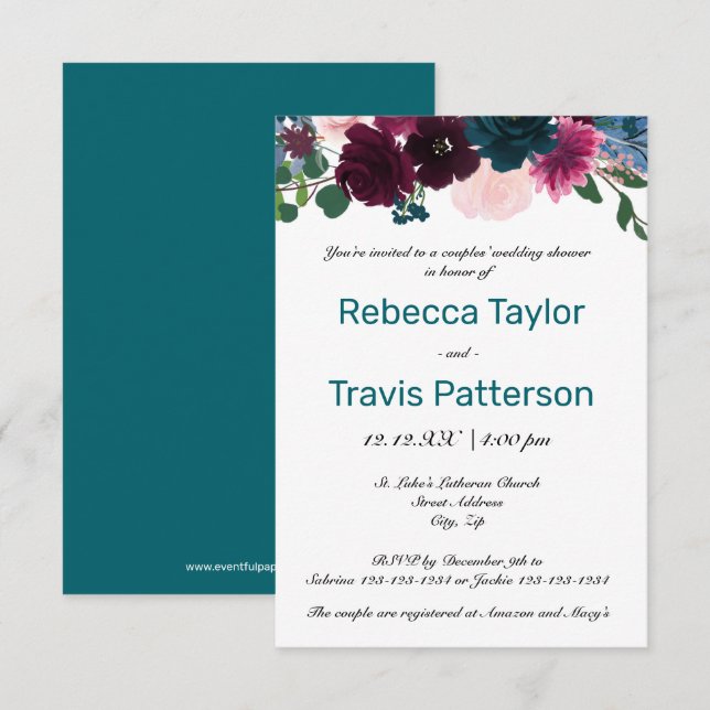 Invitation Turquoise floral - Wedding shower de 3 couples sur (Devant / Derrière)