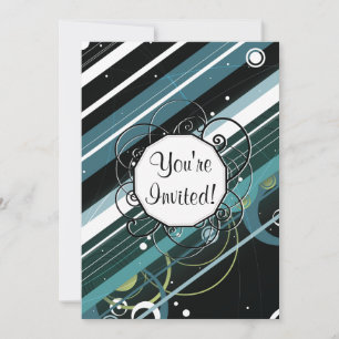 Invitation Turquoise foncé, rayures modernes-rétro avec Monog