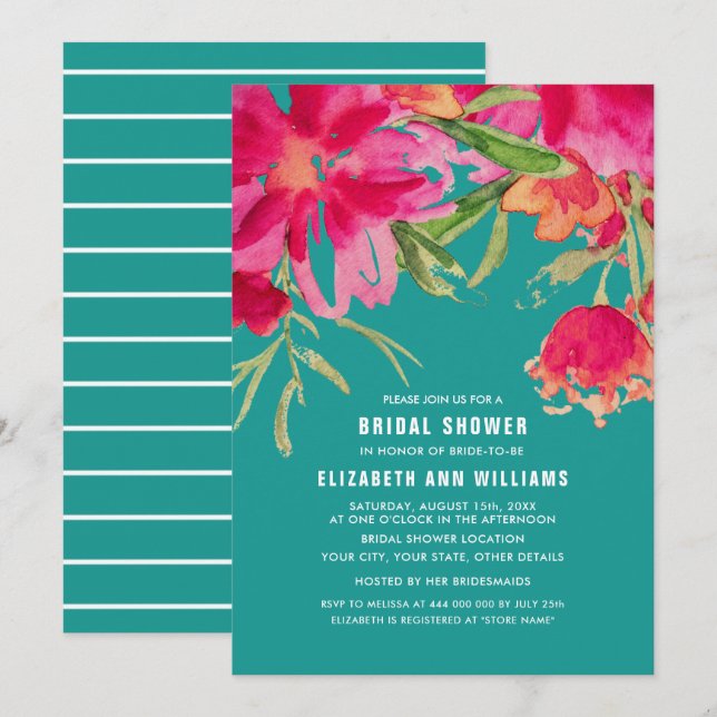 Invitation Turquoise| Fuchsia Aquarelle Fête des mariées flor (Devant / Derrière)