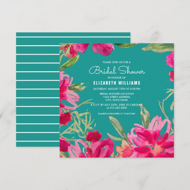 Invitation Turquoise Fuchsia Aquarelle Fête des mariées flora (Devant / Derrière)