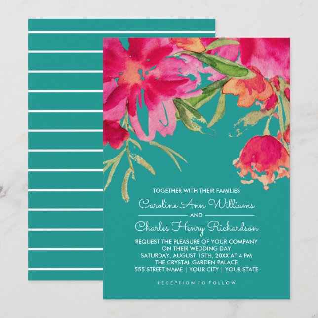 Invitation Turquoise Fuchsia Aquarelle Mariage Floral (Devant / Derrière)
