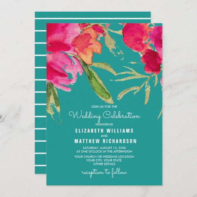 Invitation Turquoise Fuchsia Floral Mariage (Devant / Derrière)