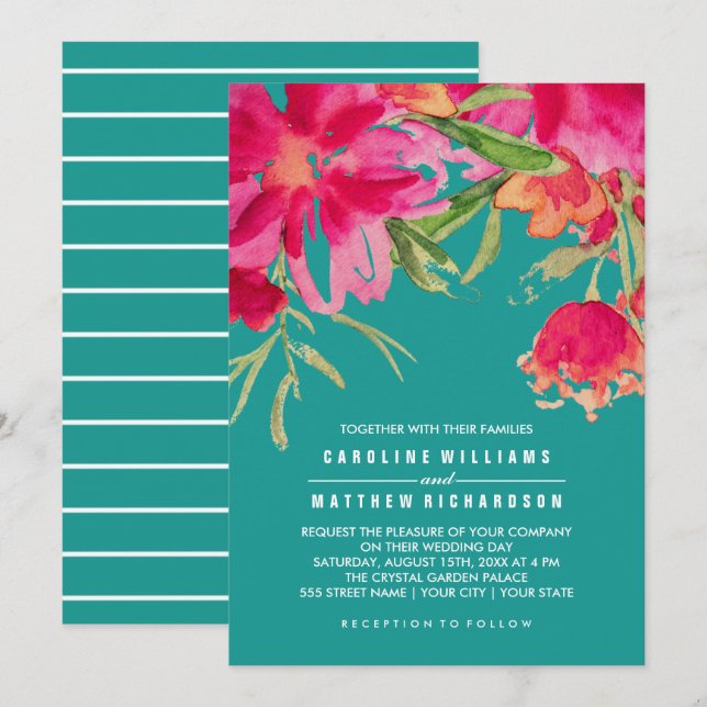 Invitation Turquoise Fuchsia Floral Mariage (Devant / Derrière)