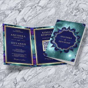 Invitation Turquoise Galaxy Blue Mandala QR Code Mariage indi