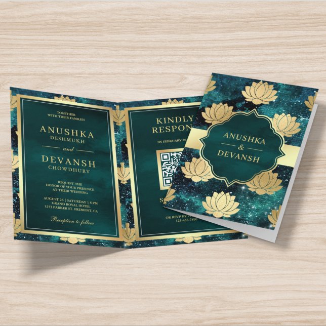 Invitation Turquoise Galaxy Gold Lotus QR Code Mariage indien (Créateur téléchargé)