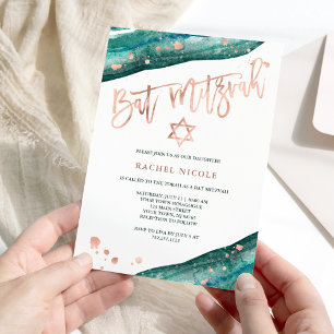 Invitation Turquoise Geode et Faux Rose Gold Look Bat mitzvah