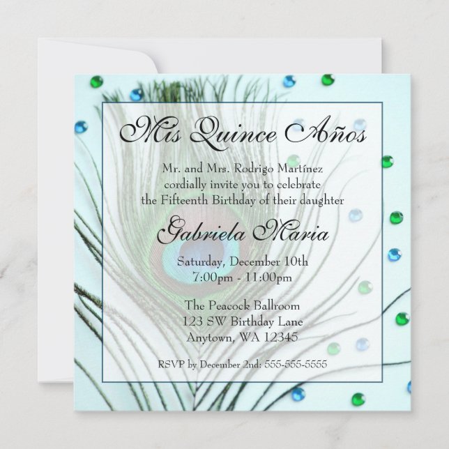 Invitation Turquoise Glam Peacock Feather Quinceanera Anniver (Devant)