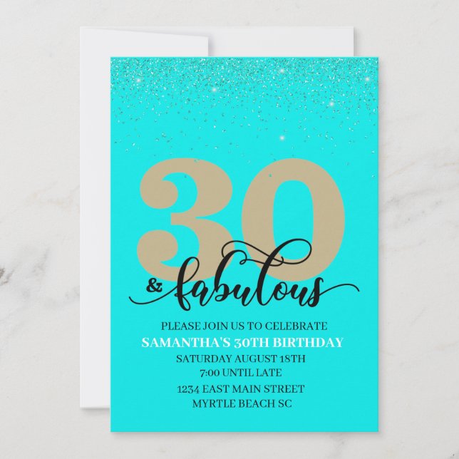 Invitation Turquoise Gold 30 et fabuleuse fête d'anniversaire (Devant)