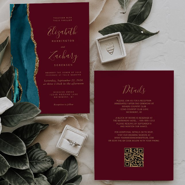 Invitation Turquoise Gold Agate Bourgogne Red QR Code Mariage (Créateur téléchargé)
