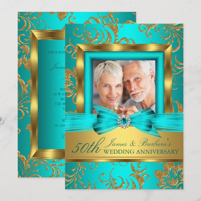 Invitation Turquoise Gold Floral Photo 50e anniversaire Maria (Devant / Derrière)