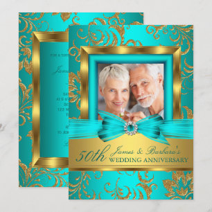 Invitation Turquoise Gold Floral Photo 50e anniversaire Maria