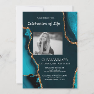 Invitation Turquoise & Gold Funeral Célébrer la vie