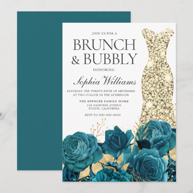 Invitation Turquoise Gold Gown Fête des mariées Brunch & Bubb (Devant / Derrière)