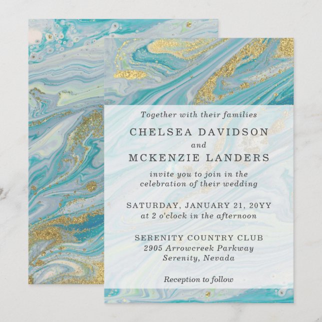 Invitation Turquoise & Gold Marble Swirl Agate Mariage de géo (Devant / Derrière)