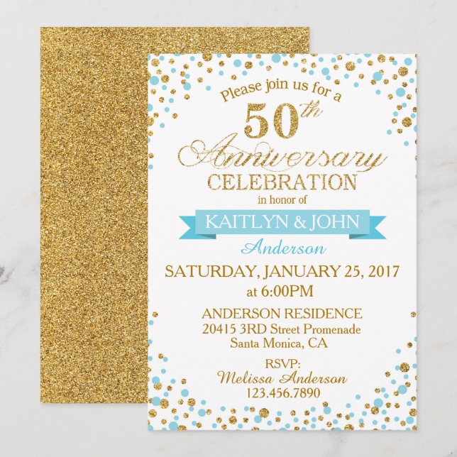 Invitation Turquoise Gold Pailletés 50e Anniversaire (Devant / Derrière)