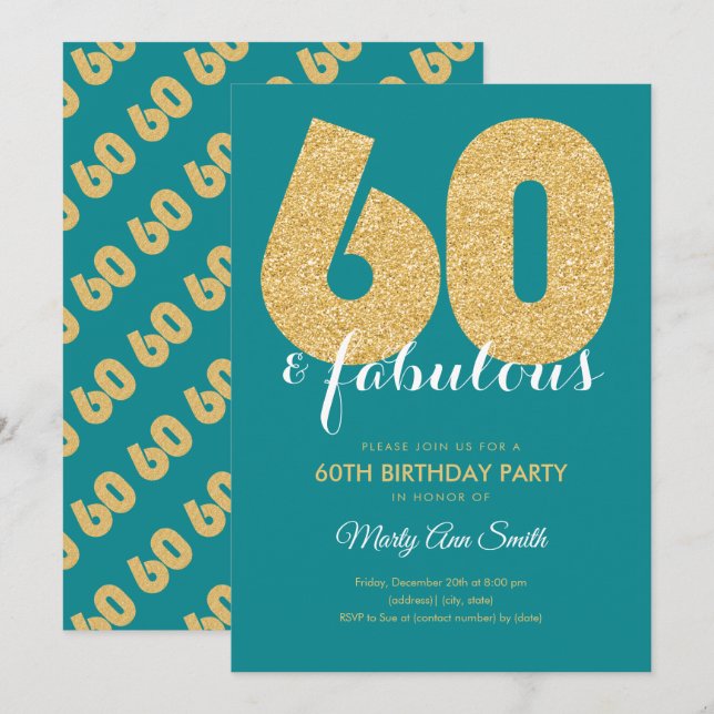 Invitation Turquoise Gold Parties scintillant 60 & Fabuleux f (Devant / Derrière)