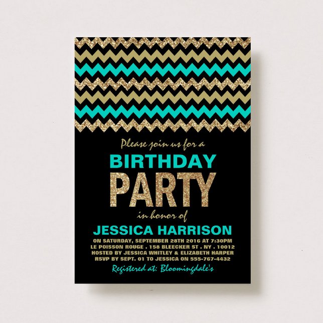 Invitation Turquoise & Gold Parties scintillant Chevron fête  (Créateur téléchargé)