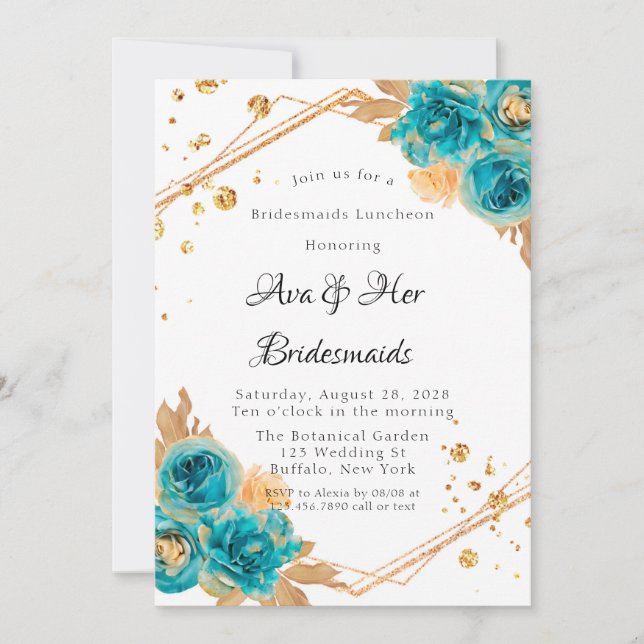 Invitation Turquoise Gold Peony Géométrique Bridesmaitres Déj (Devant)