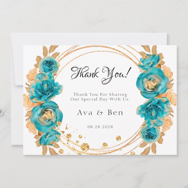 Invitation Turquoise Gold Peony Mariage géométrique Merci Car (Devant)