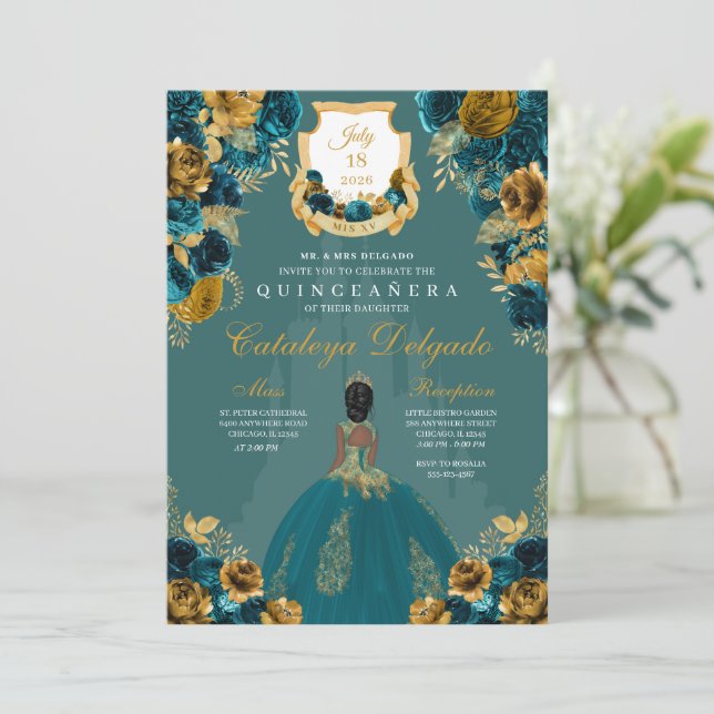 Invitation Turquoise & Gold Princess Castle Quinceañera (Debout devant)