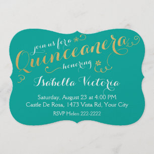 Invitation Turquoise & Gold Script Quinceanera