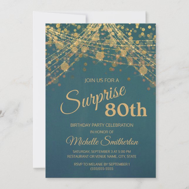 Invitation Turquoise Gold String lumières Surprise 80e annive (Devant)