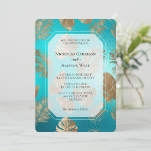 Invitation Turquoise Gold Tropical Feuille Mariage
