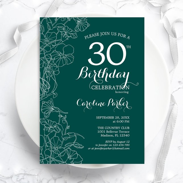 Invitation Turquoise Green Floral 30e fête d'anniversaire (Créateur téléchargé)