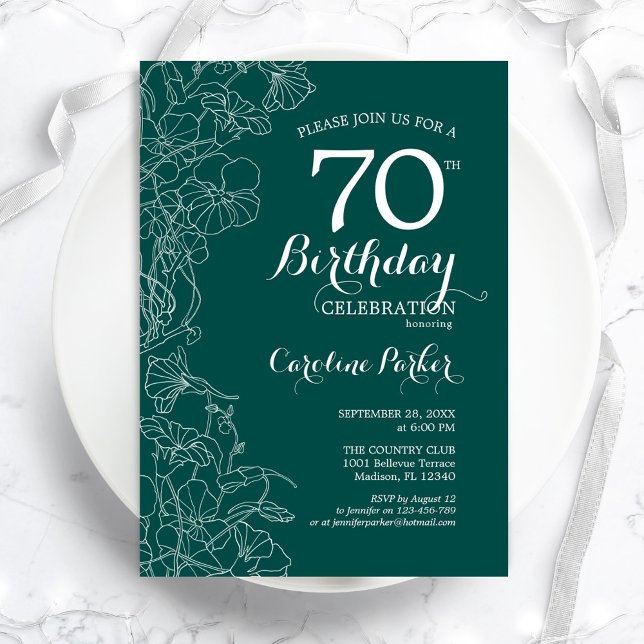 Invitation Turquoise Green Floral 70e fête d'anniversaire (Créateur téléchargé)
