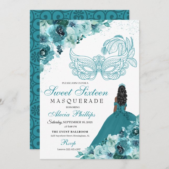Invitation Turquoise Green Princesse Masquerade Sweet 16 (Devant / Derrière)