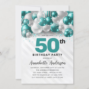 Invitation Turquoise Green Silver Balloon Parties scintillant