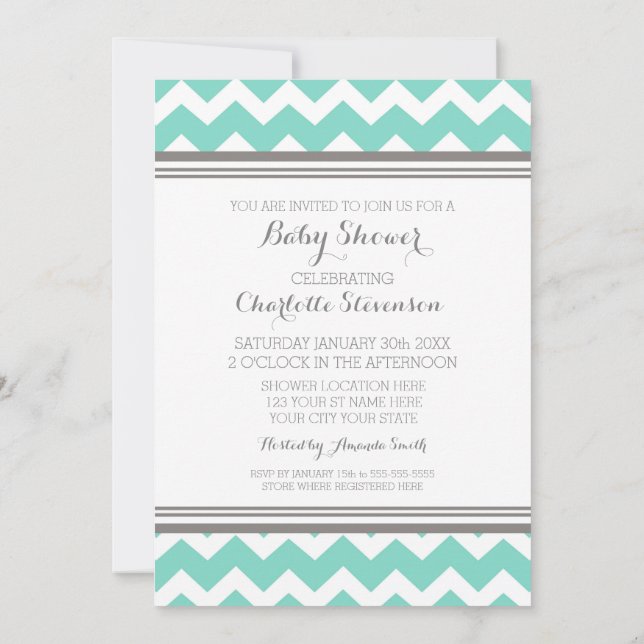 Invitation Turquoise Grey Chevron Custom Babwer Shower Invita (Dos)