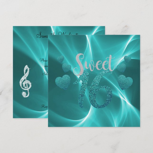 Invitation Turquoise Hearts Sweet 16 Anniversaire (Devant / Derrière)