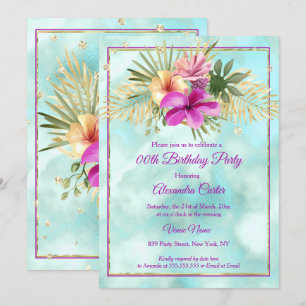 Invitation Turquoise Hibiscus violet marbre rose fête d'anniv